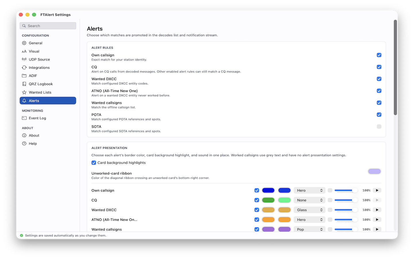 FTAlert alert settings window